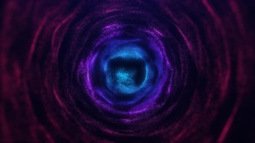 Digitaler futuristischer Tunnel aus Partikeln mit Wellenenergie oder Reisen in Zeit und Raum. Heller Tunnel