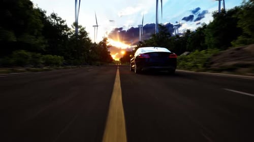 3D render of generic electric car drives on a Road with wind turbines in the background