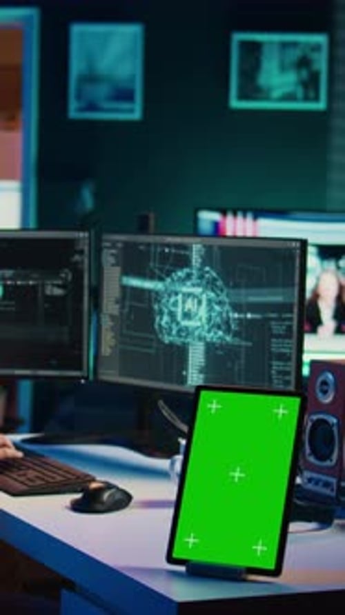 Vertikaler Videofokus auf dem Mockup-Tablet neben dem Programmierer, der künstliche Intelligenz aktualisiert