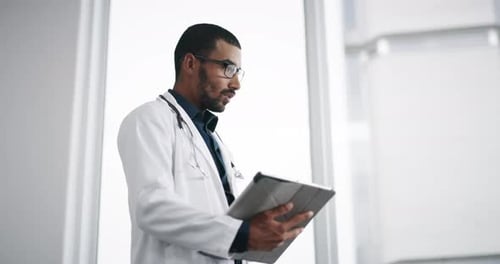 Hospital, meeting and doctor and nurse on tablet for medical service, discussion and consulting