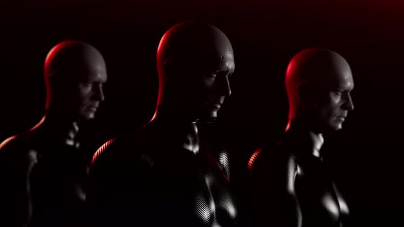 Soldiers of the future. a group of bionic people with a confident gait ...