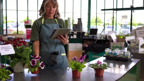 Mature female florist wearing an apron managing plant inventory with a digital tablet at the counter