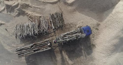 Woodworking Aerial View Recycling of Tree Trunks Into Splinters Unloading Logs From a Truck Wood