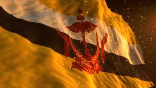 Waving Brunei National Flag with Golden Sparkle Particles