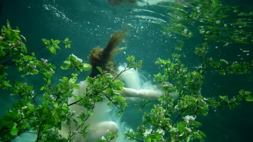 Mysterious Underwater Garden Woman is Diving Slowly to Depth of Magical Sea Romantic Fairytale