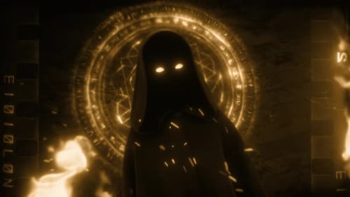 Mystical Hooded Figure Title Reveal with Fire and Magic Circle