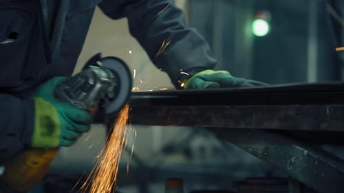 Industriearbeiter schleift Metall mit fliegenden Funken