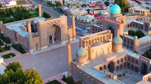 Empty Courtyard At Registan Public Square At The Historical City Of Samarkand In Uzbekistan. - Aeria