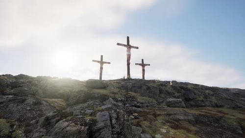 Three Crosses on Golgotha Hill for Easter Religious Content
