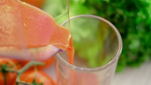 Tomato Juice with Sprig of Tomatoes on Background Tomato Juice is Poured Into a Glass Slow Motion