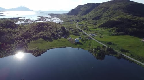 Aerial view shot of beautiful green trees and mountains, Norway.