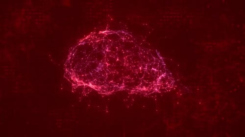 Rotating Futuristic Red Plexus Brain with Glowing Effects on Digital Data Background