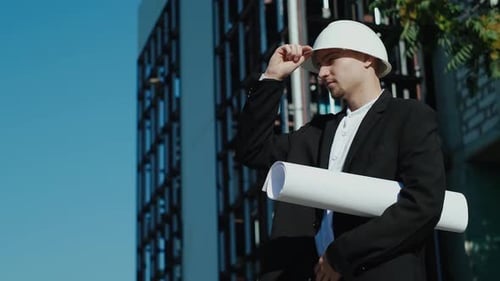 portrait of a successful handsome engineer, architect, builder, businessman in a white helmet, in a