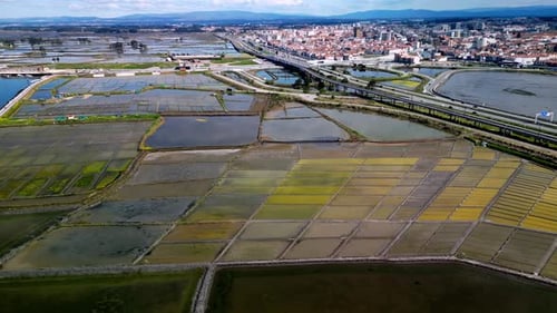 Aerial view of colorful salt flats and wetlands, Portugal.