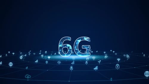 Blauer digitaler 6G-Buchstabe mit futuristischer Technologie, AI-Symbol und Leitungsverbindung