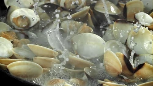 La Vongole tombe dans l'eau bouillante filmée par une caméra à haute vitesse à 1000 images par seconde