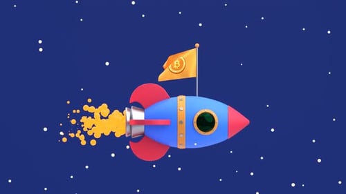 Bitcoin Soaring to New Heights - Rapid Ascension of Rocket with Crypto Bitcoin Flag.