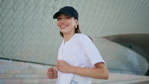 Cheerful Lady Running Street Enjoying Summer Morning Closeup Smiling Woman