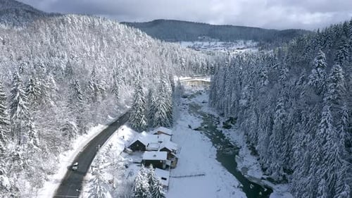 Aerial view of majestic Carpathian landscapes at winter cold season