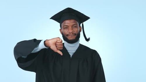 Graduate, college student and thumbs down and no hand sign as bad review
