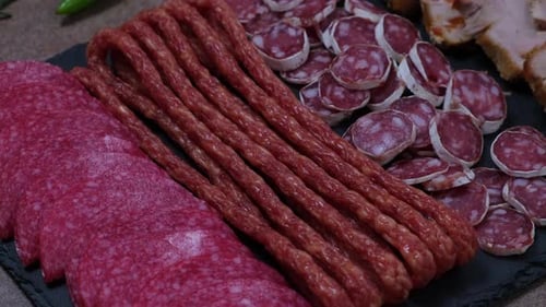 Variety of Sliced Sausages on Slate Board Close Up