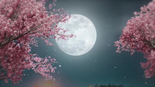 Full Moon with Animated Cherry Blossom Trees and Falling Petals