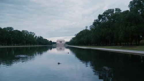 Lincoln Memorial Reflection pool Trees Water Clouds Sky Ducks Moving Shot