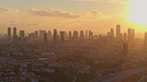 Aerial view of bridge and skyline at sunset, Turkey.