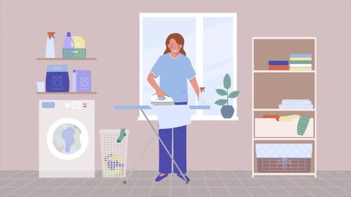 Animated Flat Design: Woman Ironing Clothes