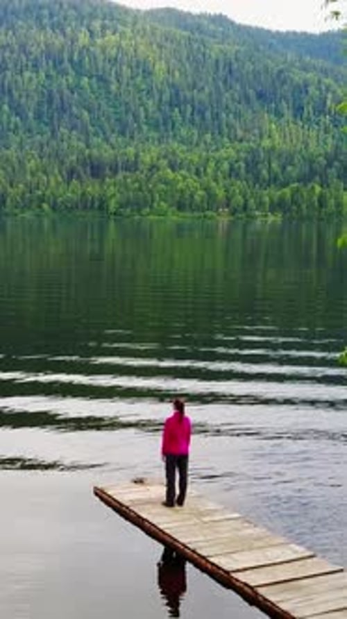 Person Stands on Wooden Dock Enjoying Serene Lake View Surrounded By Lush Green Forest