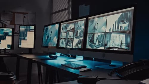 CCTV Surveillance Screens Monitoring Customer Activity in Hotel Control Room