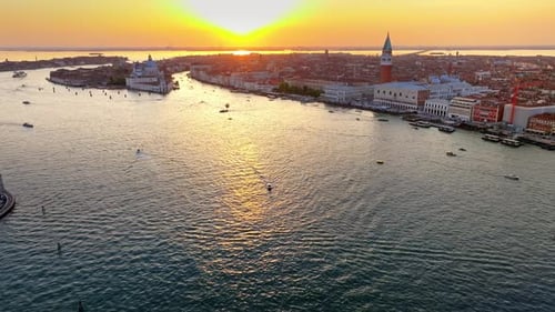 Aerial drone view of Venice City, Italy at sunset