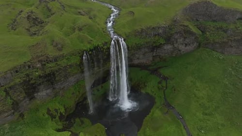 Aerial shot of Seljalandsfoss waterfall. One of the most beautiful waterfalls on Iceland