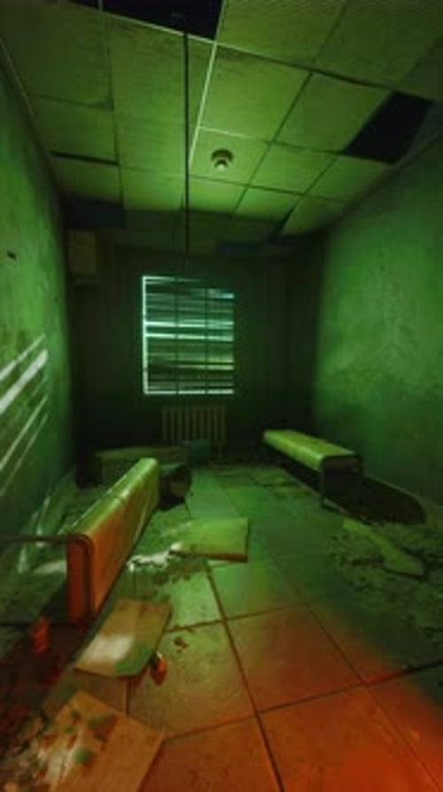 Abandoned Hospital Room With Benches and Window