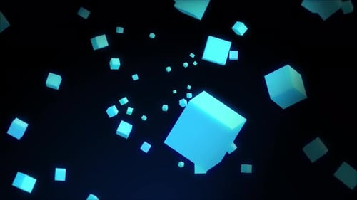Abstract Blue Glowing Cubes Flying and Rotating Background
