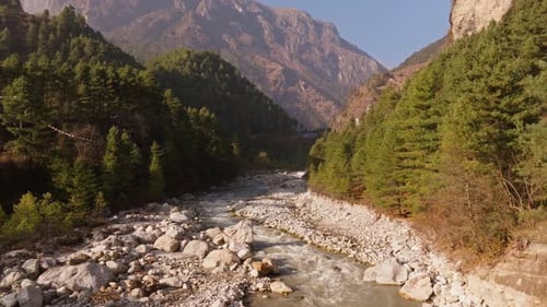 Crystal Clear Water Flows Through a Valley Filled with Rocks and Surrounded By Lush Green Trees with