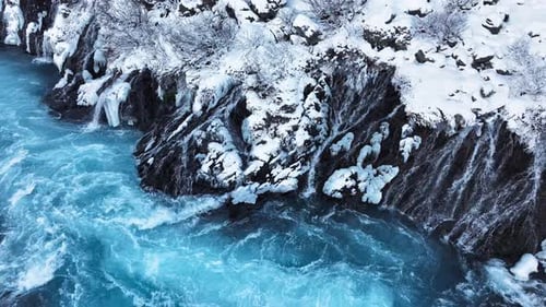 Waterfall in Iceland Snowy Mountain with Cold River in Winter Magical Winter Time Location of Snow