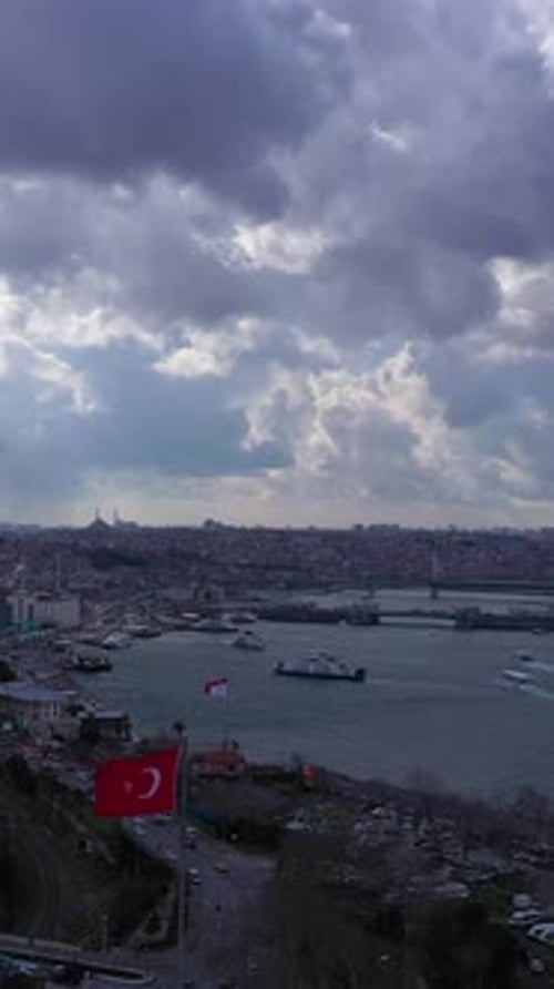 Istanbul City on Cloudy Day and Golden Horn Aerial View Vertical Video