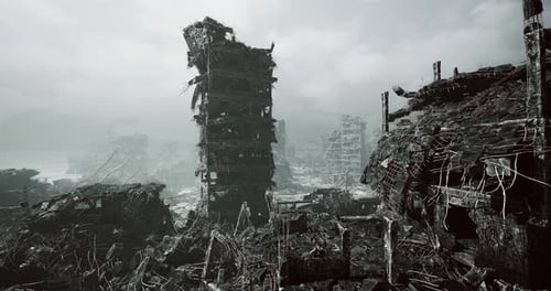 Decaying Factory Silhouettes Contrasted Against Misty City Skyline