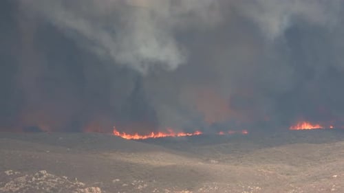 Masses of dense black smoke filling the air with a wildfire burning below. Static.