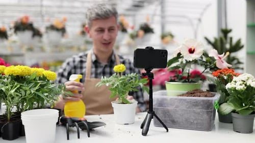 Man Watering Flowers in Greenhouse Filming with Phone