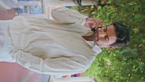 Handsome Brunette Talking Smartphone Alley Vertically Closeup Macho Ending Call