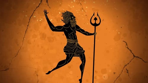 Animated Greek God Figure with Trident Ancient Pottery Style