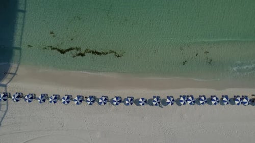 Drone aerial view of blue and white umbrellas on a white sand beach with clear waters on a sunny day