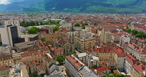 Aerial View of Grenoble Panoramic View Featuring the Isere River Urban Landscape Mountains in the