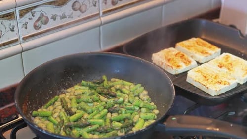 Asparagus and Lima Beans Cooking in a Pan