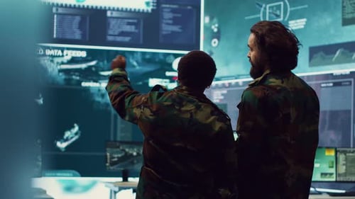 Military Personnel Analyzing Data on Multiple Screens