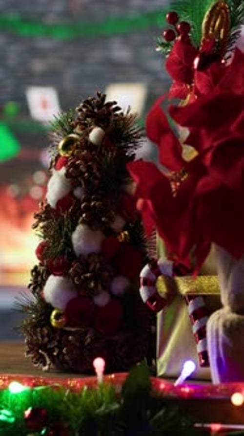 Vertical Video Empty Festive North Pole Log Cabin with Decorations and x Mas Objects