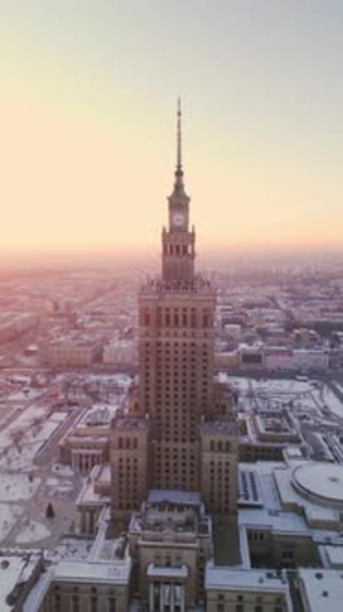 vertical Aerial winter view of Palace of Culture and Science in Warsaw