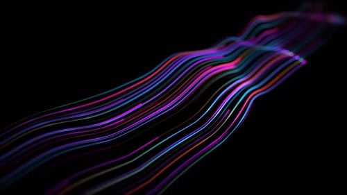 Seamless loop background with abstract waveform made of blue particles and orange pink curvy lines.